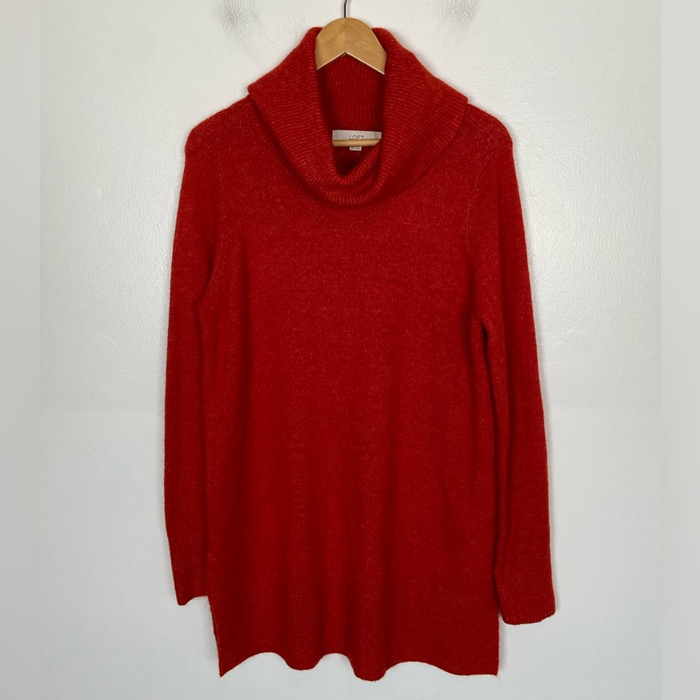 Loft Cowl Neck Long Sleeves Tunic Sweater‎ Size M Rusty Red Cozy Boho Side Slit